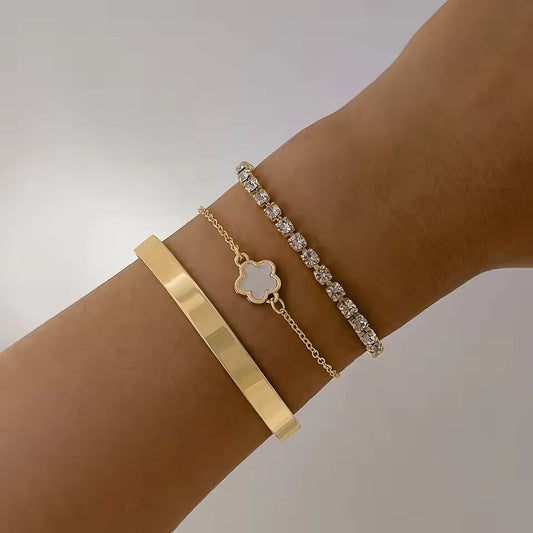 3Pcs/ Set Bohemia Minimalism Metal Rhinestone Chain Bracelet Set for Women Metal Bangle Gold Color Jewelry Gifts