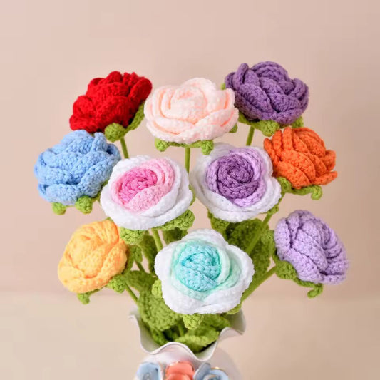Knitting Flower Rose Tulips Daisy Single Bouquet Simulation Flower Home Decoration Wedding Hand-Knitted Crochet Fake Floral Gift